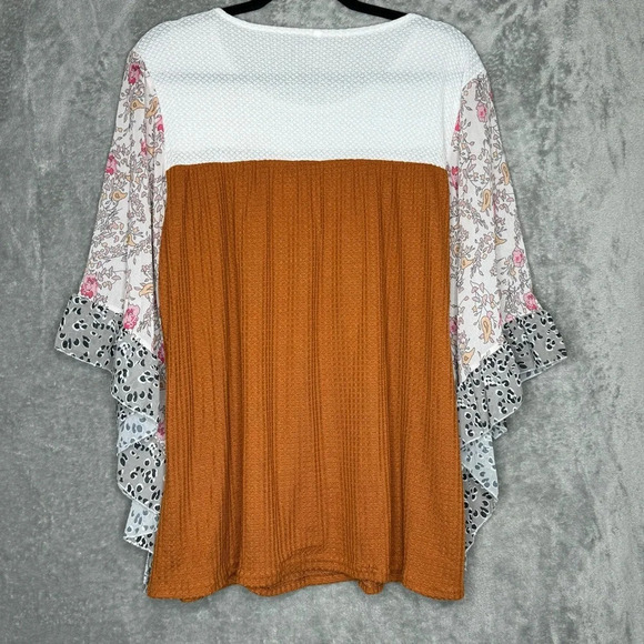 Amazon 1X Shirt Top Brown White Solid Floral Flared Sheer 3/4 Sleeve Scoop Neck - Picture 5 of 6